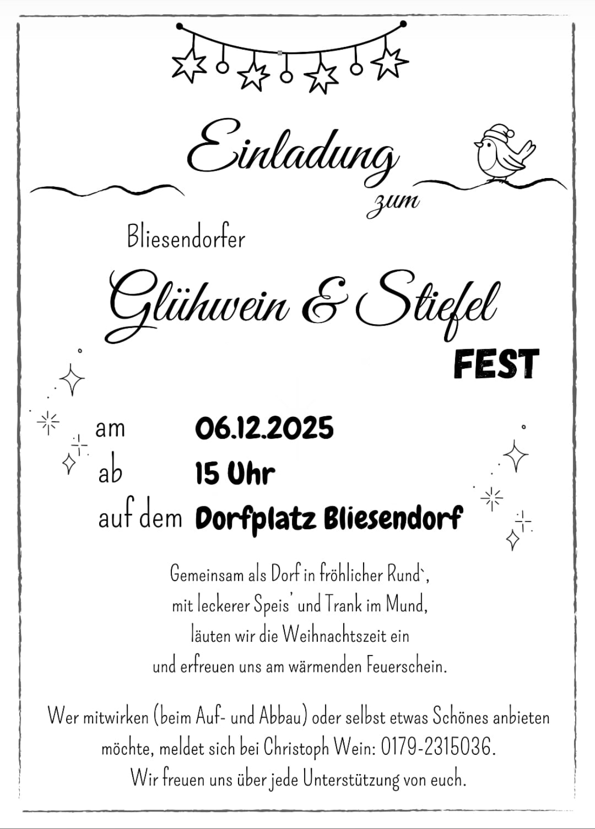 Flyer für das Glühwein und Stiefelfest in Bliesendorf 2025
